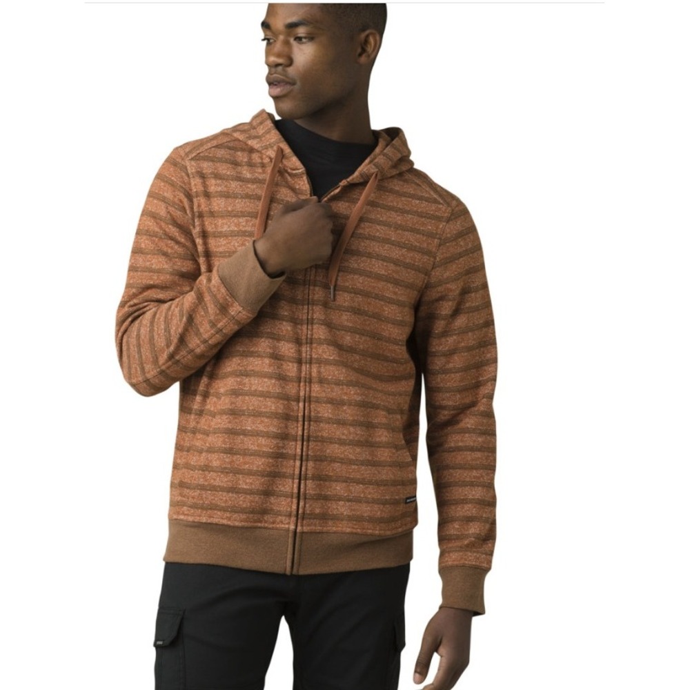 Prana Cardiff Full Zip Hoodie Mens XL Rust Brown Striped Hemp Blend